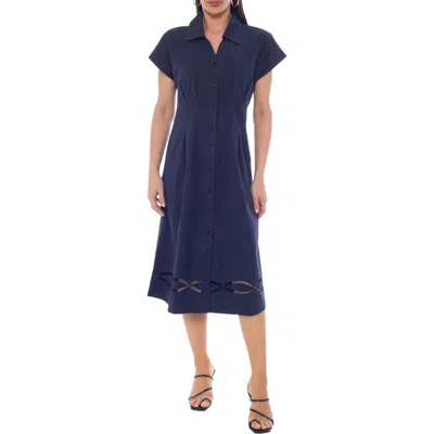 Tash And Sophie Embroidered Short Sleeve Midi Shirtdress In Blue
