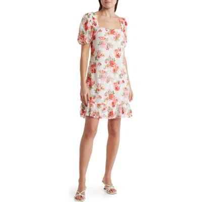 Tash And Sophie Floral Square Neck Lace Minidress In Ivory/multi