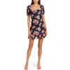 Tash And Sophie Floral Square Neck Lace Minidress In Navy/multi