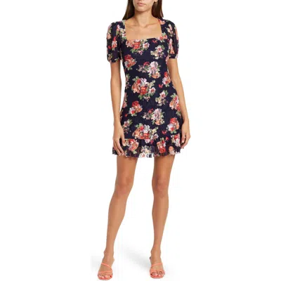 Tash And Sophie Floral Square Neck Lace Minidress In Navy/multi