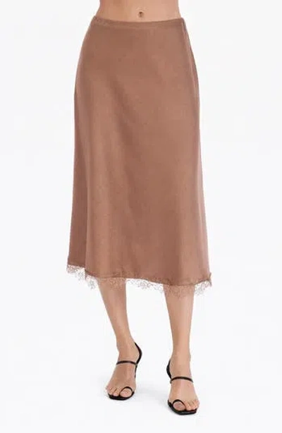 Tash And Sophie Lace Trim Satin Midi Skirt In Brown