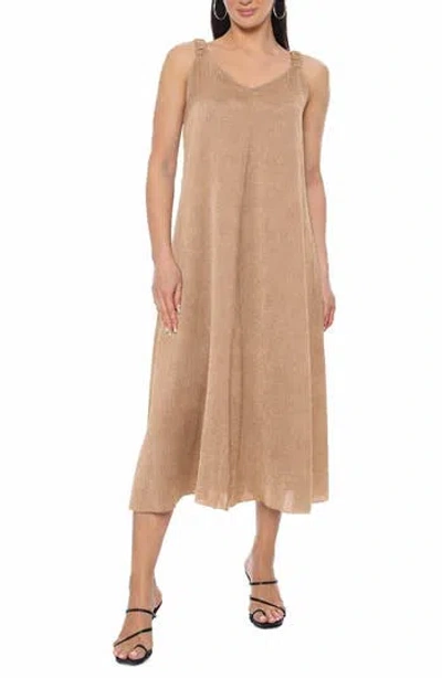 Tash And Sophie Ruched Strap V-neck Midi Dress In Gold