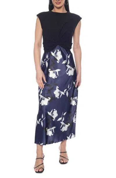 Tash And Sophie Twist Knit & Satin Midi Dress In Blue