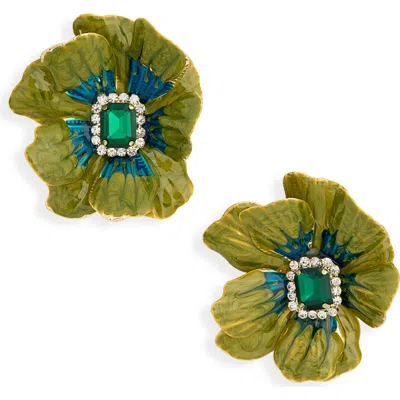 Tasha Crystal & Enamel Flower Statement Earrings In Green