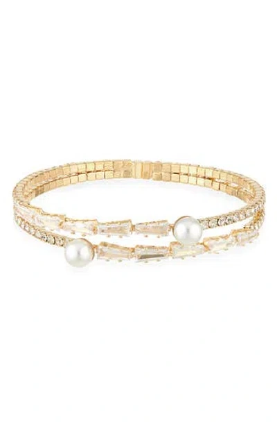 Tasha Crystal & Faux Pearl Bangle Bracelet In Gold