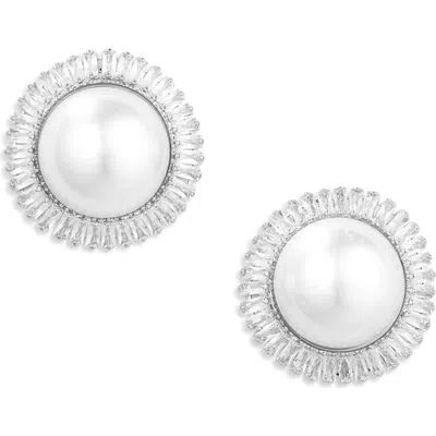 Tasha Crystal & Faux Pearl Button Stud Earrings In Silver