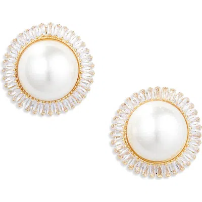 Tasha Crystal & Faux Pearl Button Stud Earrings In Gold