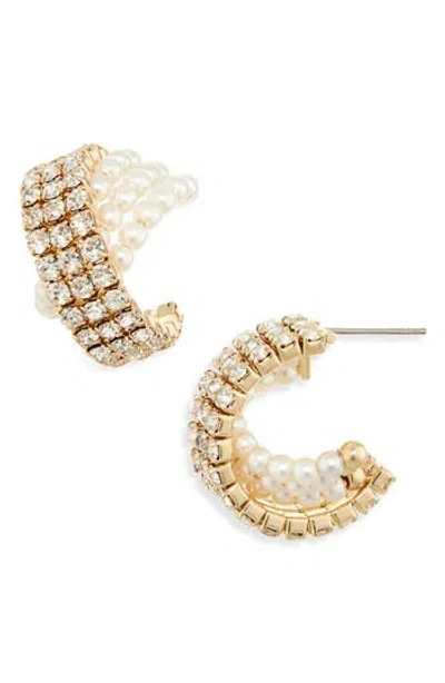 Tasha Crystal & Faux Pearl Crisscross Huggie Hoop Earrings In Gold