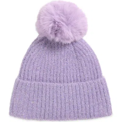 Tasha Faux Fur Pom Sparkle Beanie In Purple
