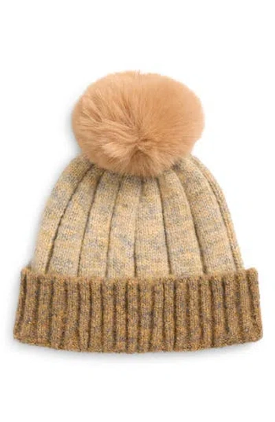 Tasha Faux Fur Pompom Cuffed Beanie In Brown