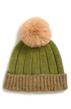 Tasha Faux Fur Pompom Cuffed Beanie In Green