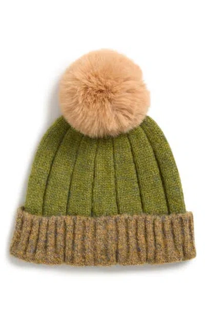 Tasha Faux Fur Pompom Cuffed Beanie In Green