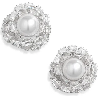 Tasha Faux Pearl & Cz Cluster Stud Earrings In Silver