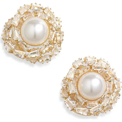 Tasha Faux Pearl & Cz Cluster Stud Earrings In Gold