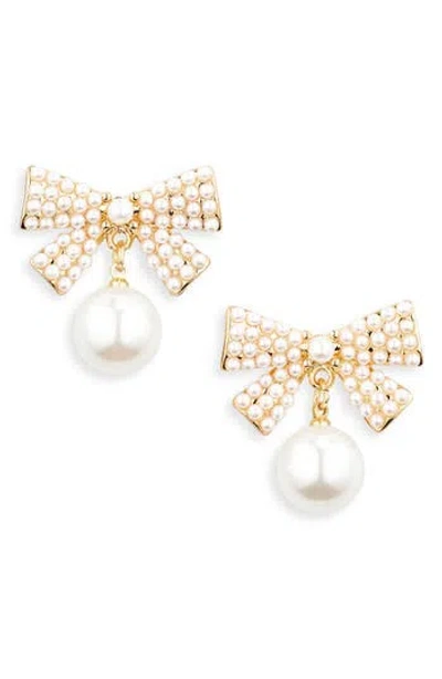 Tasha Faux Pearl Bow Stud Earrings In Gold/ivory