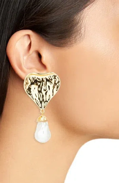 Tasha Faux Pearl Drop Heart Earrings In Gold