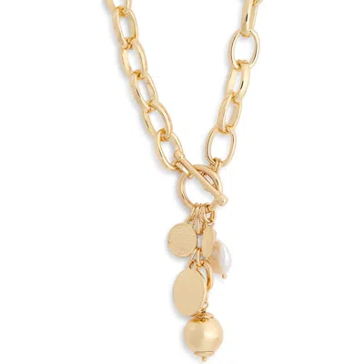 Tasha Faux Pearl Mixed Charm Toggle Necklace In Gold