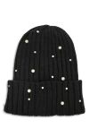 Tasha Faux Pearl Stud Beanie In Black