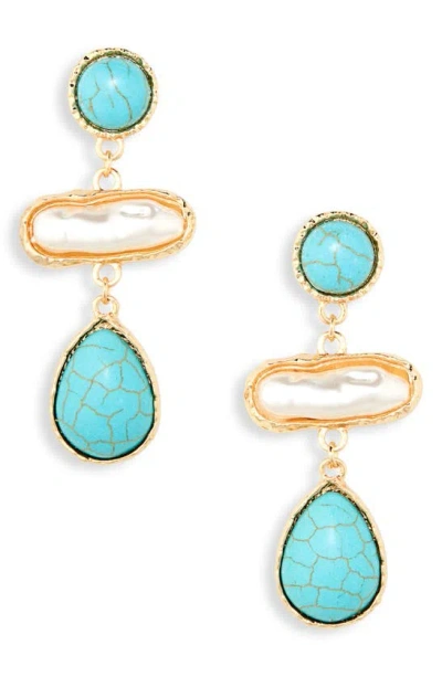 Tasha Imitation Pearl & Stone Drop Earrings In Gold/ Turquoise
