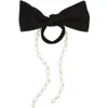 Tasha Imitation Pearl Satin Bow Ponytail Holder In Black