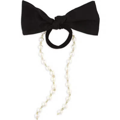 Tasha Imitation Pearl Satin Bow Ponytail Holder In Black