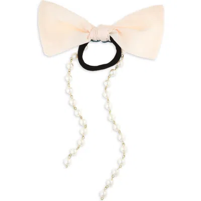 Tasha Imitation Pearl Satin Bow Ponytail Holder In Ivory