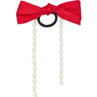 Tasha Imitation Pearl Satin Bow Ponytail Holder In Red