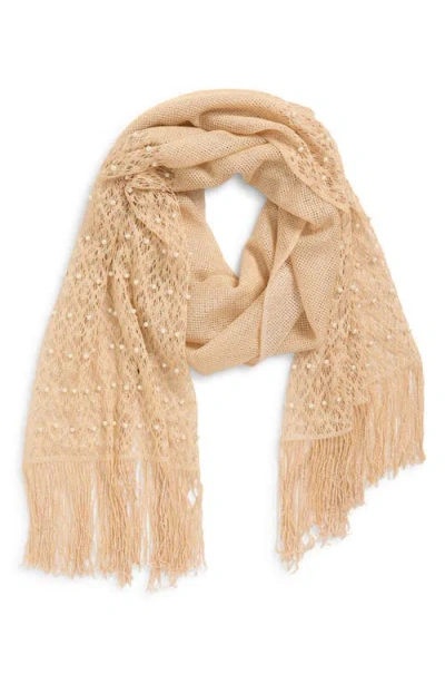 Tasha Mesh Scarf With Fringe & Pearl Beads In Gold