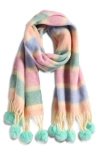 Tasha Pastel Stripe Scarf With Faux Fur Pom Fringe In Pink