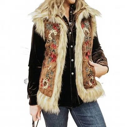 Tasha Polizzi Chateau Embroidered Faux Suede And Fur Vest In Cedar In Brown