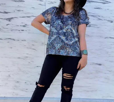 Tasha Polizzi Starla Sparkle Top In Black In Blue