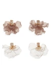 Tasha Set Of 2 Crystal & Faux Pearl Shakey Petal Drop Earrings In Clear/grey