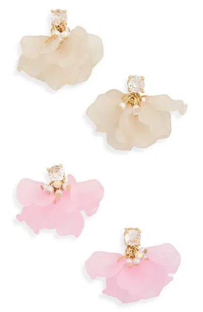 Tasha Set Of 2 Crystal & Faux Pearl Shakey Petal Drop Earrings In Pink/ivory
