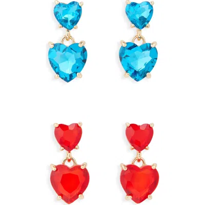 Tasha Set Of 2 Double Heart Drop Earrings In Blue