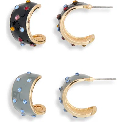Tasha Set Of 2 Enamel & Crystal Hoop Earrings In Black-grey