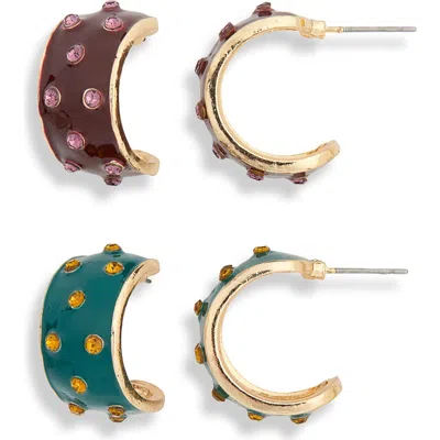 Tasha Set Of 2 Enamel & Crystal Hoop Earrings In Burgandy-emerald