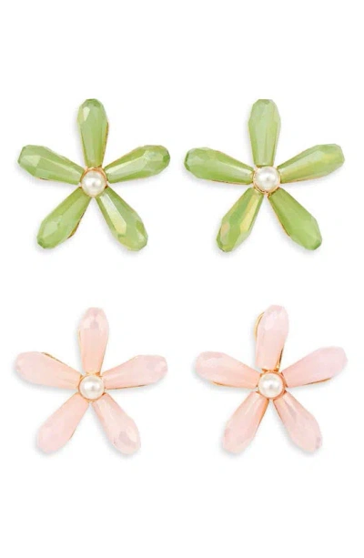 Tasha Set Of 2 Floral Stud Earrings In Pink/ Green