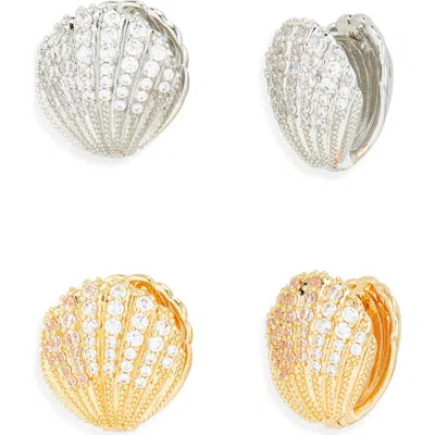 Tasha Set Of 2 Pavé Zircon Shell Huggie Earrings In Gold/silver