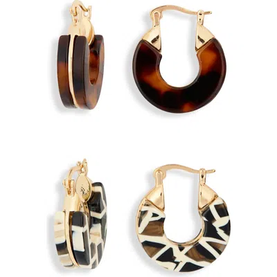 Tasha Set Of 2 Resin Huggie Hoop Earrings In Black-ivory-brown