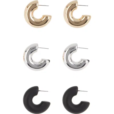 Tasha Set Of 3 Huggie Hoop Earrings In Gold/silver/jet Black
