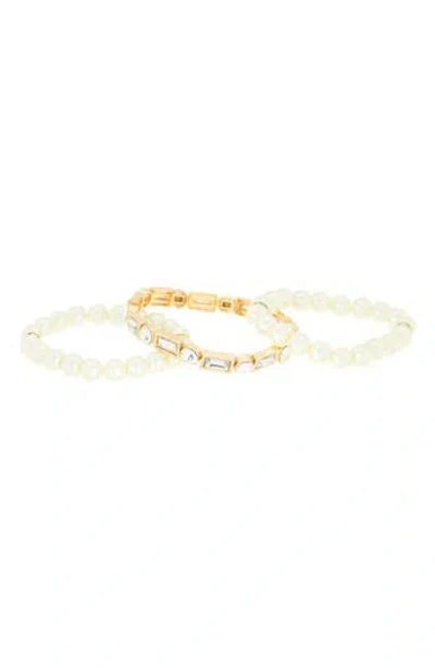 Tasha Set Of 3 Imitation Pearl & Crystal Stretch Bracelets In Ivory/gold