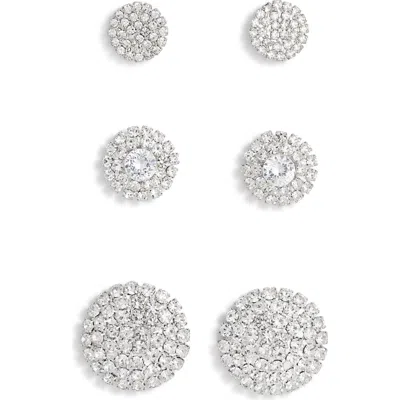 Tasha Set Of 3 Pavé Crystal Button Stud Earrings In Metallic