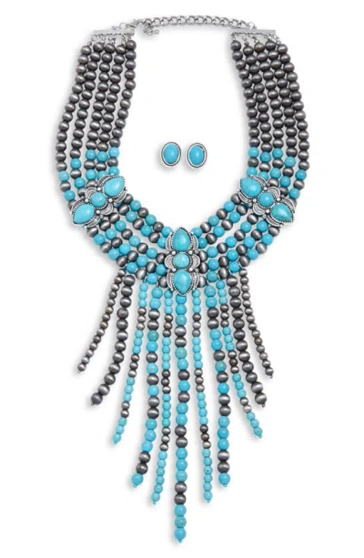 Tasha Statement Fringe Collar Necklace With Stud Earrings In Blue