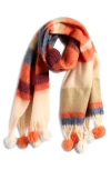 Tasha Stripe Scarf With Faux Fur Pom Fringe In Brown