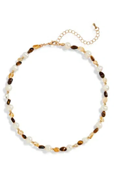 Tasha Tiger's Eye & Faux Pearl Beaded Collar Necklace In Brown