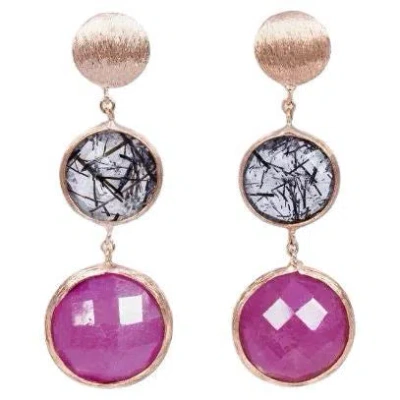 Pre-owned Tateossian 14k Satin Rose Gold Drop Earrings With Black Rutilated Quartz And Ruby Root In Red
