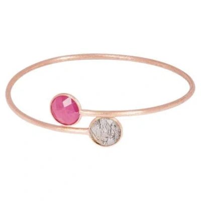 Pre-owned Tateossian 14k Satin Rose Gold Kensington Bangle With Black Rutilated Quartz And Ruby Root In Red
