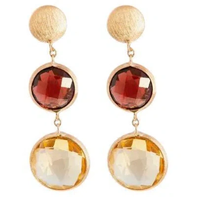 Pre-owned Tateossian 14k Satin Rose Gold Kensington Double Drop Earrings With Garnet And Citrine In Red