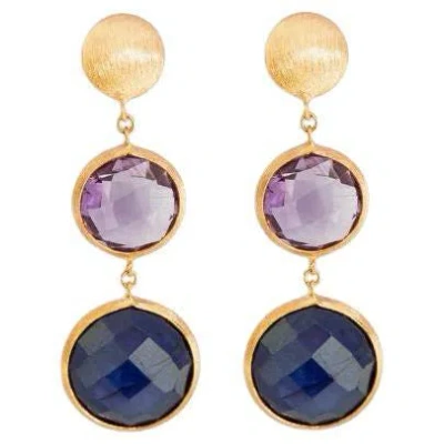 Pre-owned Tateossian 14k Satin Rose Gold Kensington Double Drop Earrings With Sapphire And Amethyst In Red