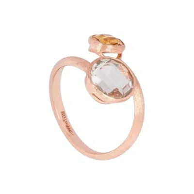 Pre-owned Tateossian 14k Satin Rose Gold Kensington Ring With Citrine And Prasiolite, Size M In Red
